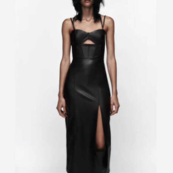 ZARA WOMEN BLACK TOPSTITCHED FAUX LEATHER MIDI DRESS SIZE S NWT - Picture 3 of 8